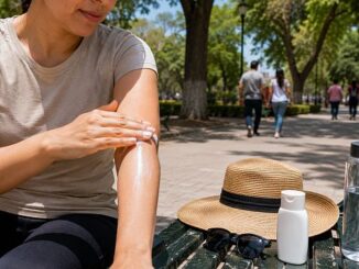 Persona aplica protector solar en el brazo antes de realizar actividades al aire libre.