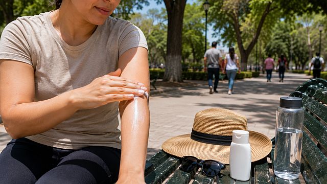 Persona aplica protector solar en el brazo antes de realizar actividades al aire libre.