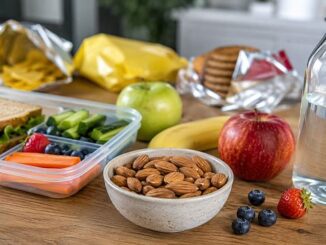 Tazón con almendras naturales junto a frutas y lonchera saludable sobre una mesa de cocina.