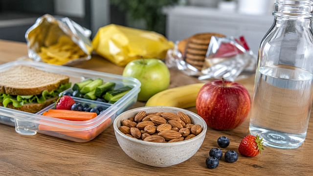 Tazón con almendras naturales junto a frutas y lonchera saludable sobre una mesa de cocina.