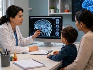 Médica conversa con una madre durante evaluación neurológica de un niño pequeño por posibles señales de enfermedad de Batten infantil.
