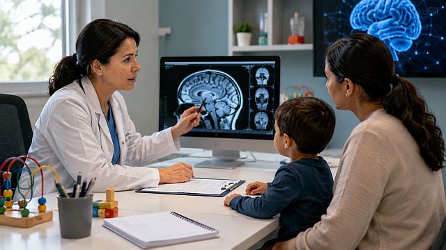 Médica conversa con una madre durante evaluación neurológica de un niño pequeño por posibles señales de enfermedad de Batten infantil.