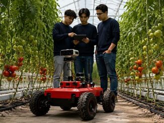 Estudiantes mexicanos prueban un robot con inteligencia artificial para detectar plagas en un invernadero de tomates.