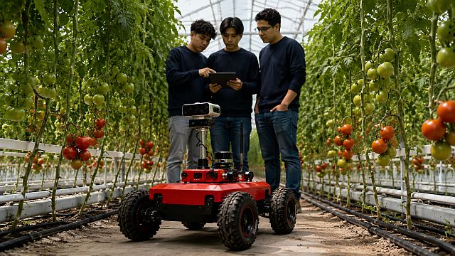 Estudiantes mexicanos prueban un robot con inteligencia artificial para detectar plagas en un invernadero de tomates.