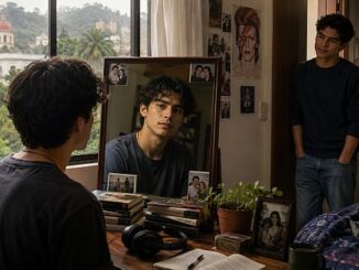 Joven se mira al espejo en una habitación de Xalapa mientras otro muchacho lo acompaña, en una escena sobre amor, duelo e identidad.