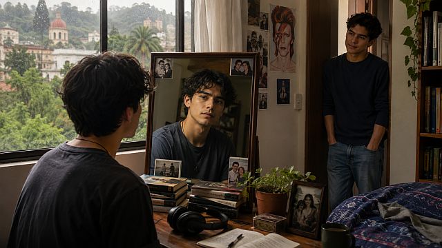 Joven se mira al espejo en una habitación de Xalapa mientras otro muchacho lo acompaña, en una escena sobre amor, duelo e identidad.