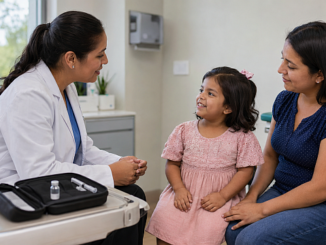 Niña con acondroplasia recibe orientación médica sobre tratamiento con vosoritida en un consultorio pediátrico.