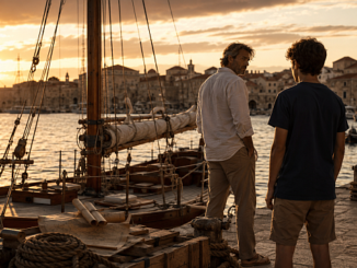 Velero en un puerto mediterráneo al atardecer con un joven y un adulto, inspirado en la nueva novela de Pérez-Reverte.