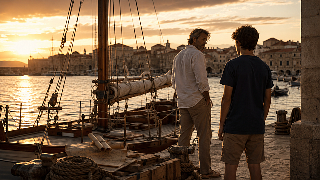 Velero en un puerto mediterráneo al atardecer con un joven y un adulto, inspirado en la nueva novela de Pérez-Reverte.