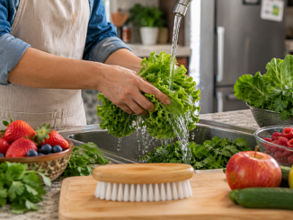 Persona lava lechuga, cilantro y frutos rojos para prevenir la infección por Cyclospora en México