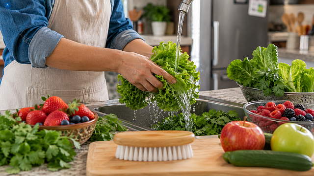 Persona lava lechuga, cilantro y frutos rojos para prevenir la infección por Cyclospora en México