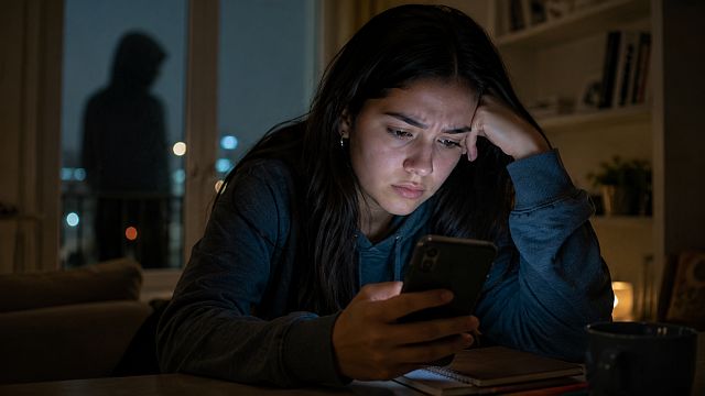 Ciberacoso en México: joven observa con preocupación mensajes recibidos en su teléfono celular.