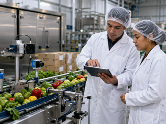 Sensores y técnicos supervisan una línea de alimentos para reducir pérdidas mediante digitalización y trazabilidad.