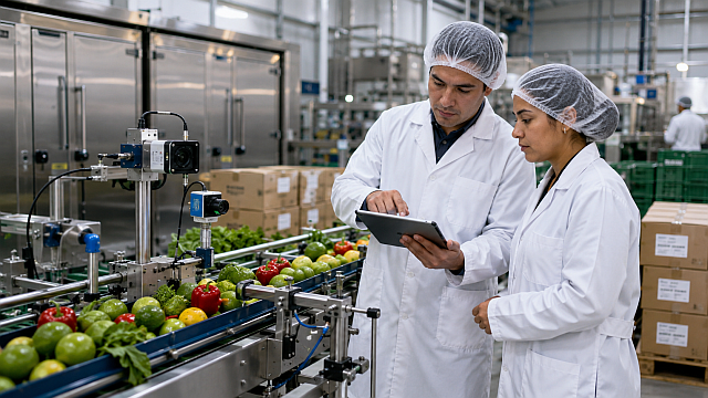 Sensores y técnicos supervisan una línea de alimentos para reducir pérdidas mediante digitalización y trazabilidad.