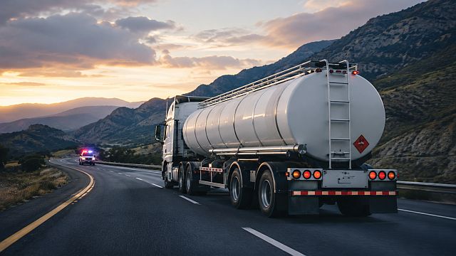 Autotanque de combustibles circula por carretera mexicana bajo vigilancia, en contexto de seguridad logística y robo al transporte.