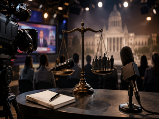 Cámara de televisión, micrófono y audiencia frente a una balanza que simboliza el debate sobre derechos de las audiencias y libertad editorial en México.
