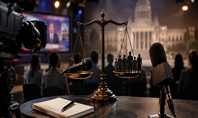 Cámara de televisión, micrófono y audiencia frente a una balanza que simboliza el debate sobre derechos de las audiencias y libertad editorial en México.