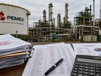 Facturas y estados financieros frente a instalaciones de Pemex, en una nota sobre los adeudos de Pemex a proveedores y el 95% citado por Sheinbaum