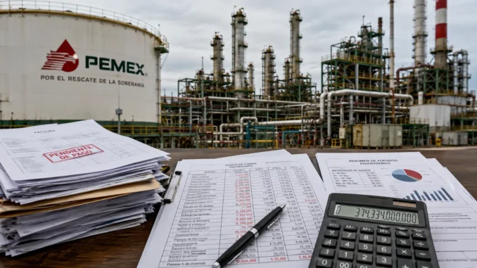 Facturas y estados financieros frente a instalaciones de Pemex, en una nota sobre los adeudos de Pemex a proveedores y el 95% citado por Sheinbaum