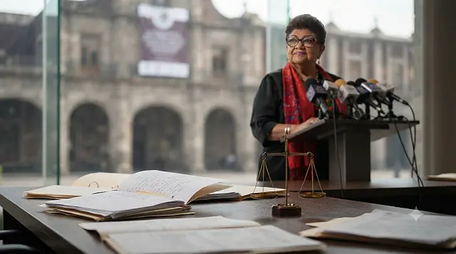 Expedientes judiciales y una balanza representan el escrutinio sobre la actuación de Ernestina Godoy al frente de la FGR.