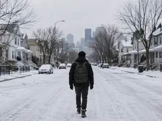 Hombre migrante camina solo por una ciudad cubierta de nieve, imagen inspirada en Demasiado al norte de Emiliano Pérez Grovas.