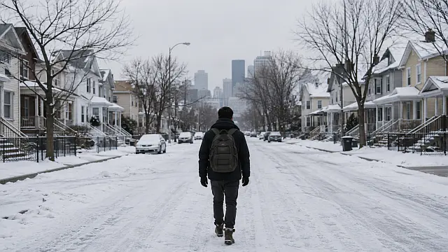 Hombre migrante camina solo por una ciudad cubierta de nieve, imagen inspirada en Demasiado al norte de Emiliano Pérez Grovas.