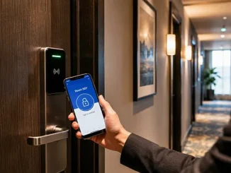 Huésped abre una habitación con acceso digital en un hotel equipado con cerradura electrónica.