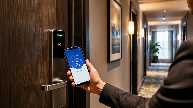 Huésped abre una habitación con acceso digital en un hotel equipado con cerradura electrónica.
