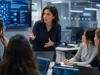 Mujer especialista participa en una reunión de un equipo tecnológico, donde la permanencia y el liderazgo femenino siguen siendo desafíos.