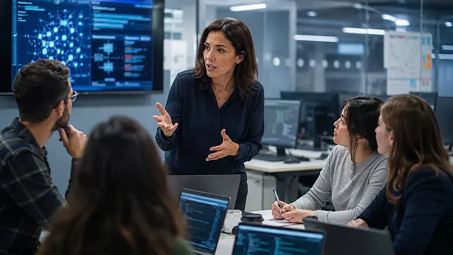 Mujer especialista participa en una reunión de un equipo tecnológico, donde la permanencia y el liderazgo femenino siguen siendo desafíos.
