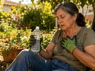 Persona descansando e hidratándose tras trabajar bajo el sol ante síntomas de deshidratación y aceleración del corazón.