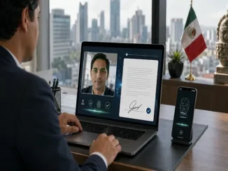 Persona realiza una firma electrónica por video con verificación biométrica y prueba de vida para proteger un contrato digital.