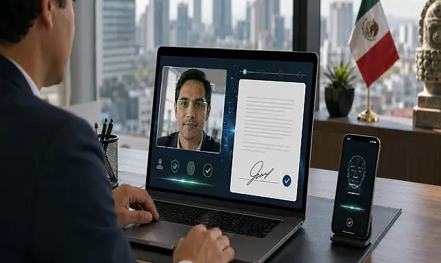 Persona realiza una firma electrónica por video con verificación biométrica y prueba de vida para proteger un contrato digital.