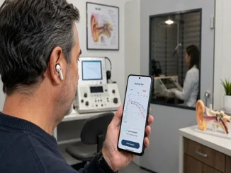 Persona realiza una prueba auditiva con audífonos inalámbricos y un teléfono, con equipo de audiología al fondo.