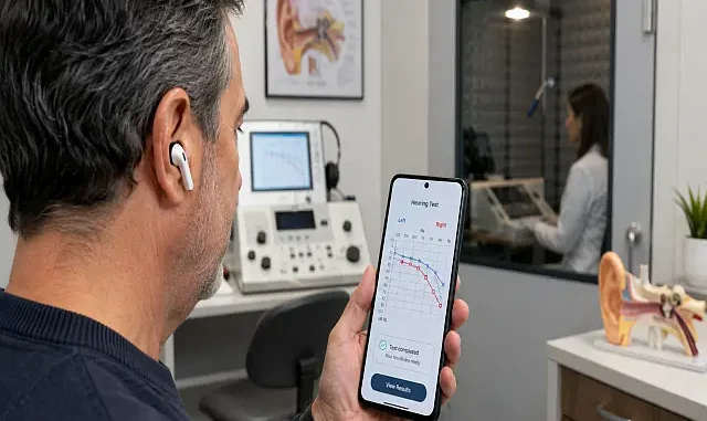 Persona realiza una prueba auditiva con audífonos inalámbricos y un teléfono, con equipo de audiología al fondo.