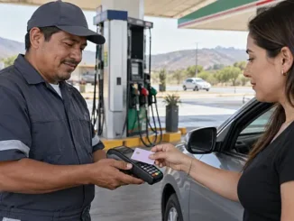 Automovilista realiza un pago con tarjeta en una gasolinera mexicana junto a una carretera.