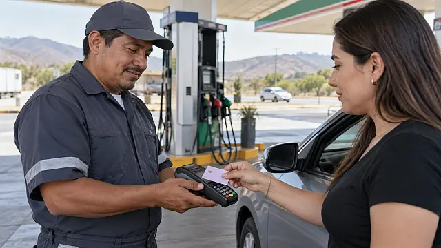 Automovilista realiza un pago con tarjeta en una gasolinera mexicana junto a una carretera.