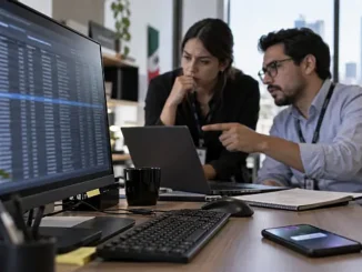 Especialistas analizan una posible exposición de datos personales en una computadora, con un teléfono sobre el escritorio