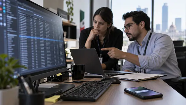 Especialistas analizan una posible exposición de datos personales en una computadora, con un teléfono sobre el escritorio