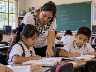 Estudiantes de primaria trabajan con su maestra en un salón de una escuela pública mexicana.