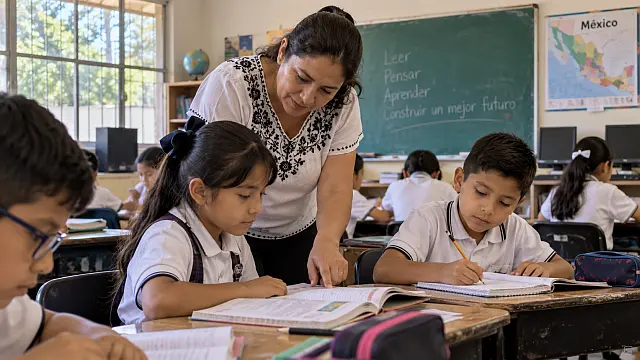 Estudiantes de primaria trabajan con su maestra en un salón de una escuela pública mexicana.