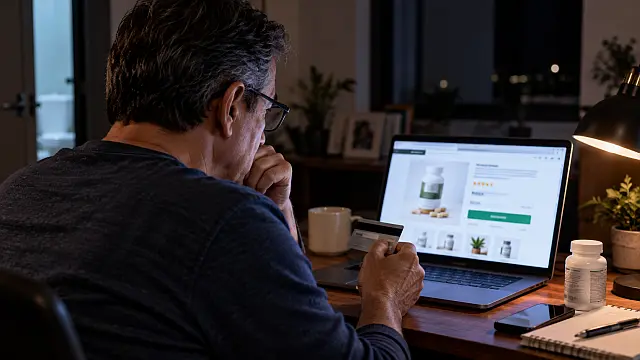 Hombre revisa en internet publicidad de suplementos para la próstata