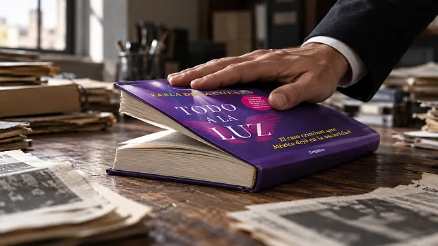 Mano que intenta cerrar un libro entre expedientes, ilustración sobre censura editorial y libertad de información.