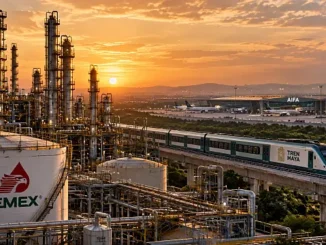 Pemex y grandes obras públicas de México, como una refinería, un tren y un aeropuerto, frente al debate sobre costos, ingresos y autosuficiencia.