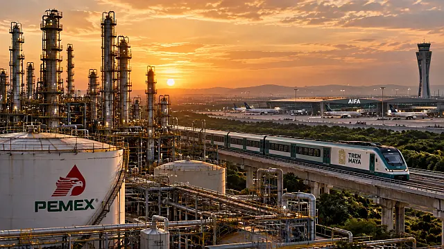 Pemex y grandes obras públicas de México, como una refinería, un tren y un aeropuerto, frente al debate sobre costos, ingresos y autosuficiencia.