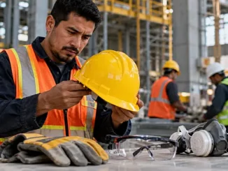 Trabajador revisa casco y equipo de protección personal antes de iniciar labores en una planta industrial en México