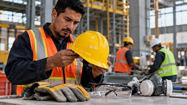 Trabajador revisa casco y equipo de protección personal antes de iniciar labores en una planta industrial en México