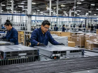 Trabajadores y equipos de procesamiento de datos en una instalación industrial mexicana vinculada con exportaciones tecnológicas.