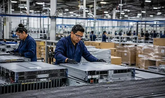 Trabajadores y equipos de procesamiento de datos en una instalación industrial mexicana vinculada con exportaciones tecnológicas.