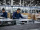 Trabajadores y equipos de procesamiento de datos en una instalación industrial mexicana vinculada con exportaciones tecnológicas.